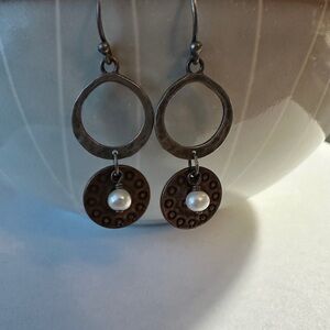 Silpada hammered silver, Pearl and Bronze Dangle Earrings